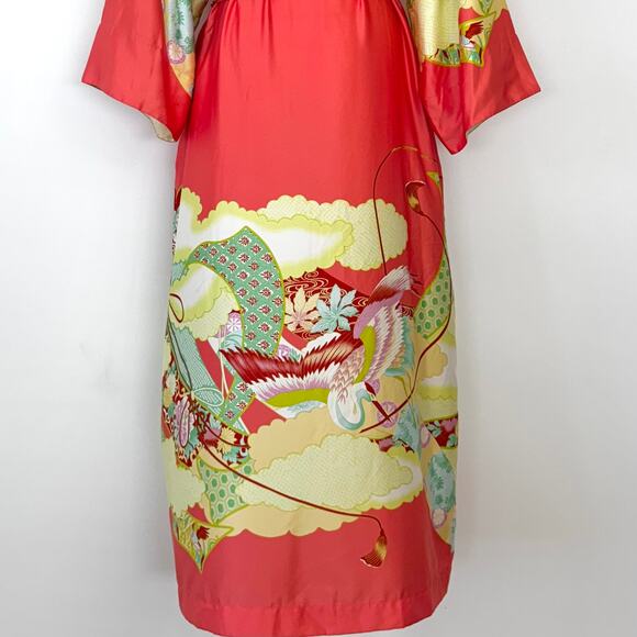 Natori Satin Belted Robe Kimono Maxi Length Coral Print XL - Picture 10 of 12